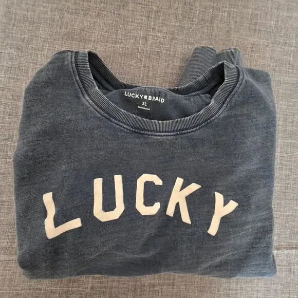 LUCKY brand Navy blue distressed comfy pullover LOGO crewneck sweatshirt XL - Picture 4 of 4